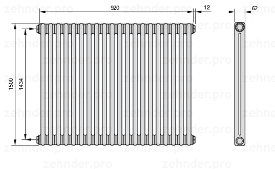 Схема (чертеж) Радиатор Zehnder Charleston 2150/20 №1270 Белый глянцевый RAL 9016